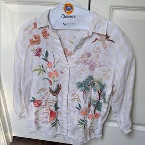 Johnny Was Embroidered Shirt with Multicolor Floral Design